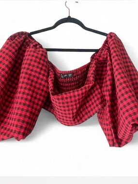 Nasty Gal Red & Black Gingham Puff Sleeve Top